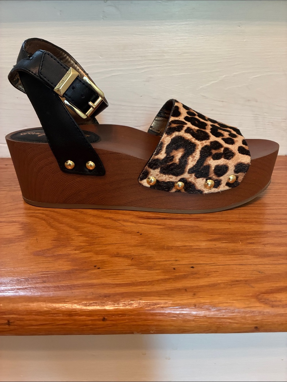Sam Edelman Bentlee Leopard Print Wedge Sandal with Black Ankle Strap, Size 6.5